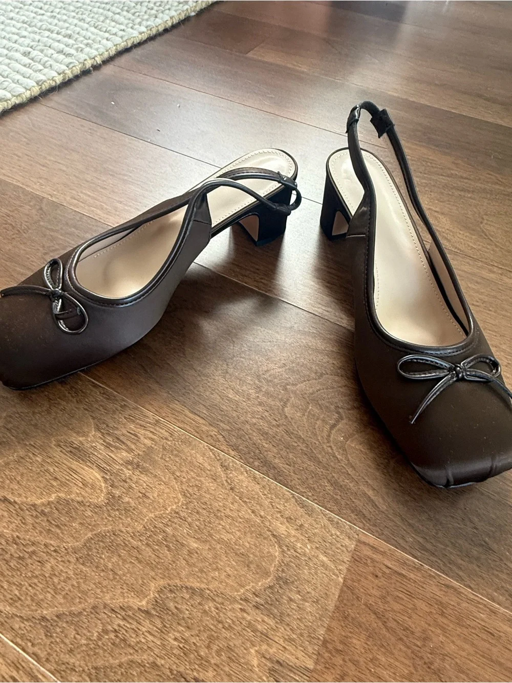 Brown Square-Toe Slingback Flats heels with Bow Accent
